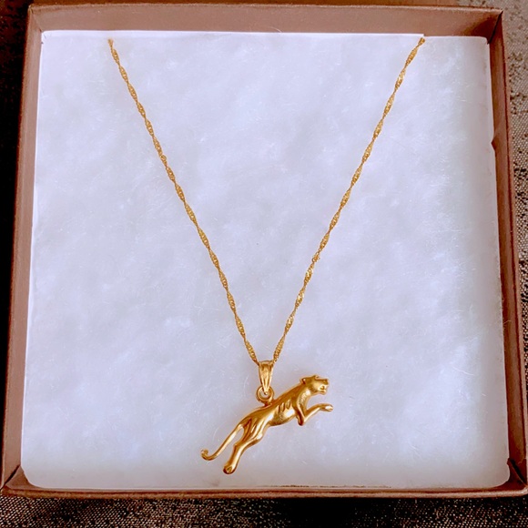 14K Yellow Gold Charm Panther Jaguar Pendant 10k chain - Picture 7 of 8